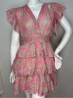 Olivaceous Kaylie Dress Pink Floral Tiered Mini Linen Cotton Boho Ruffle V-Neck